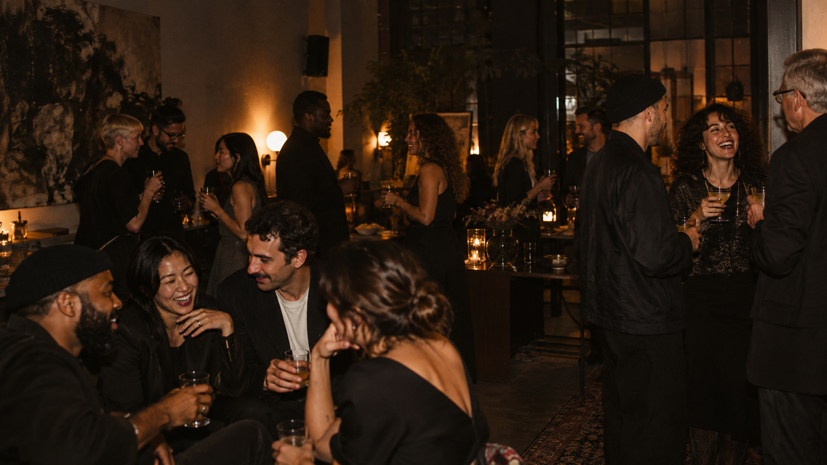 Party scene with guests chatting and raising glasses