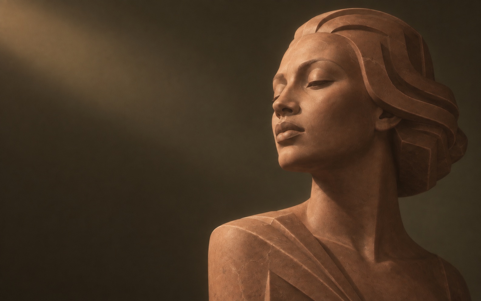 Softly lit terracotta Art Deco bust against a dark olive background